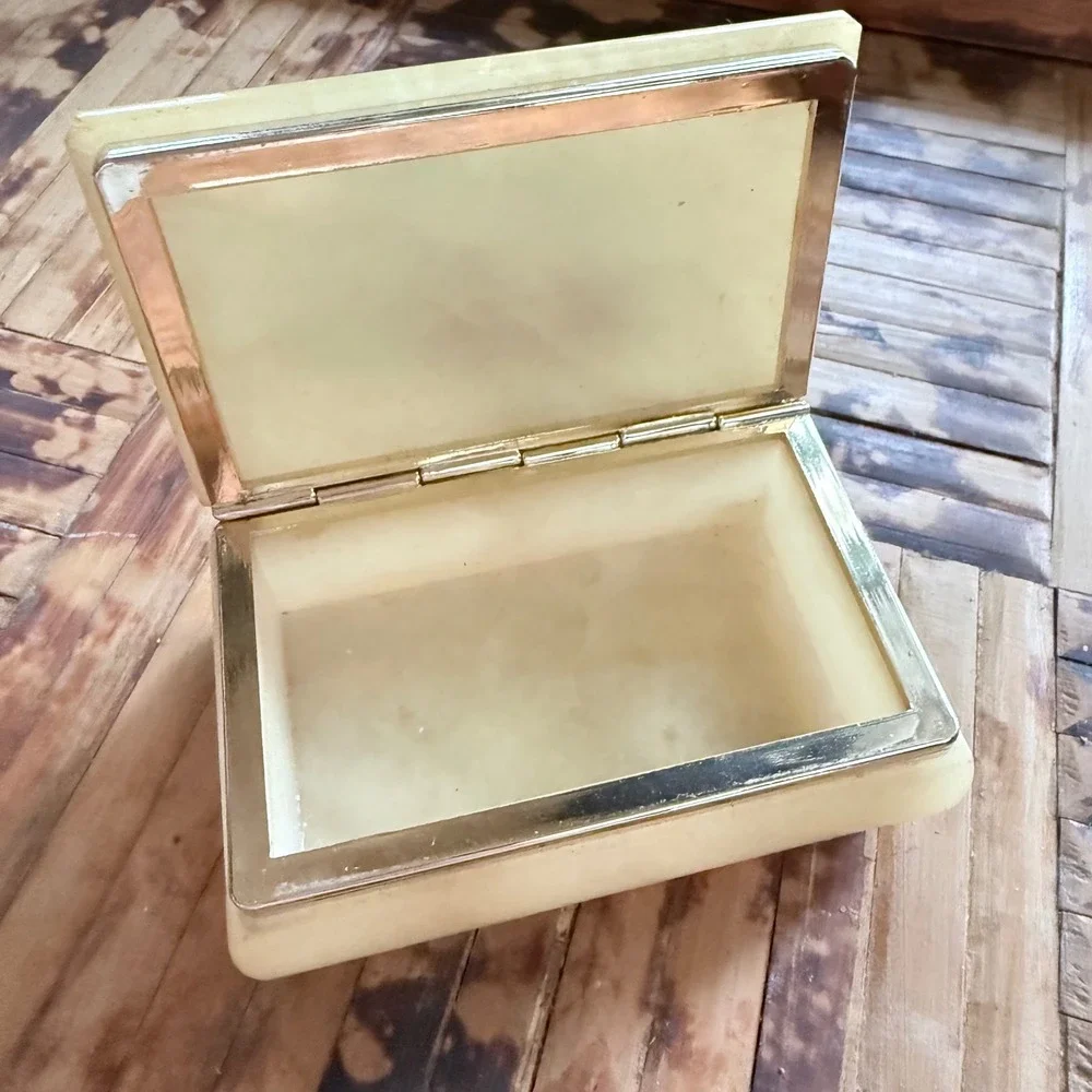 Vintage Genuine Alabaster Trinket Box - Made in Italy Hand-Painted Floral Motif